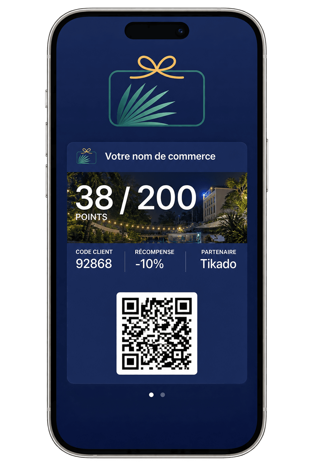 La carte de fidélité Tikado dans le Wallet d'un iPhone : 38 points sur 200, code client, récompense et QR code.